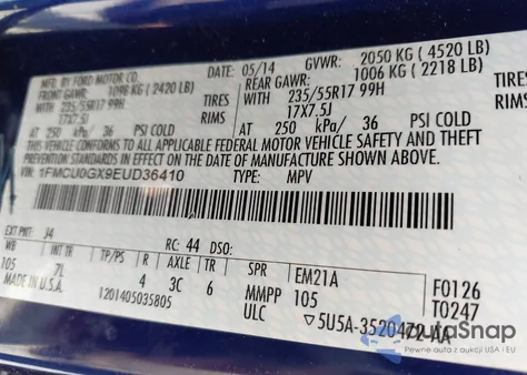 2014 Ford Escape Se from USA, damaged, VIN 1FMCU0GX9EUD36410